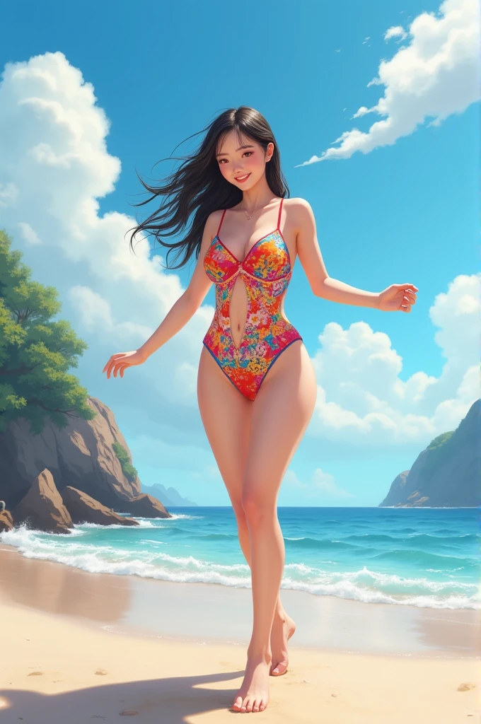 Woman in a bikini on the beach. Small bikini, photo realistic. Whole body. Smiling.