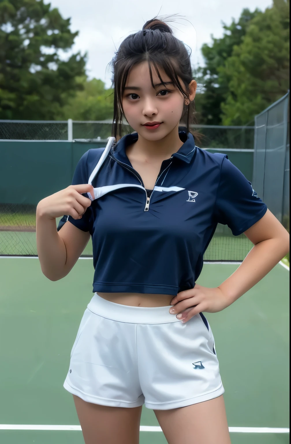1girll, 独奏, White polo shirt, White sneakers, tennis wear, white mini-skirt, tmasterpiece, Best quality at best, realisticlying, ultra - detailed, (shiny skins, perspired:1.4), looking at viewert, with short black hair, with brown eye,slenderness,Dynamic light and shadow,A high resolution,Sharp focus,depth of fields,The eyes are delicate,Sharp pupils,pupil realistic,(smallunderboob:1.1),(Thigh thick:1.0),exteriors,Skysky
