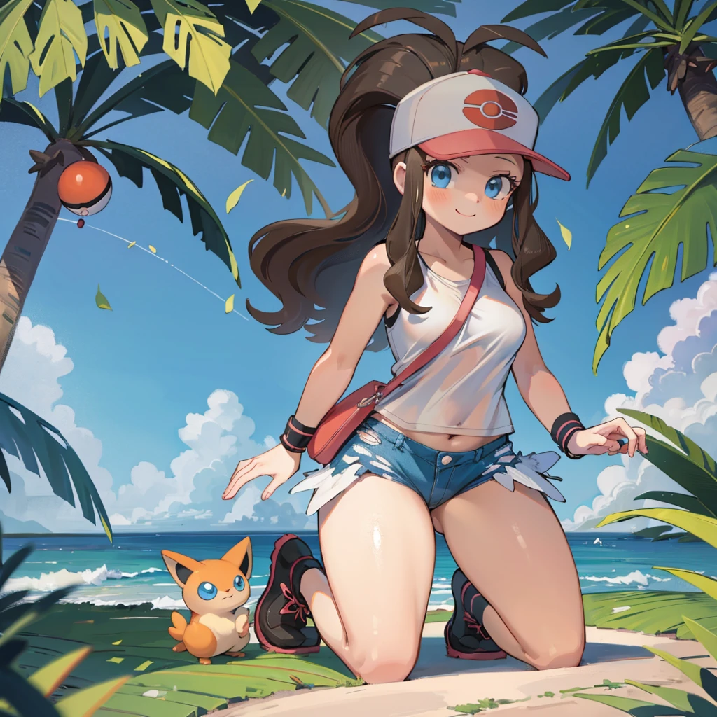 boss battle, ((Pokémon art-style)), eyeliner, one-piece swimsuit, sun-tanned skin, aquamarine-colored hair, sitting, solo, Pokémon gym leader, (loli), long hair, character art