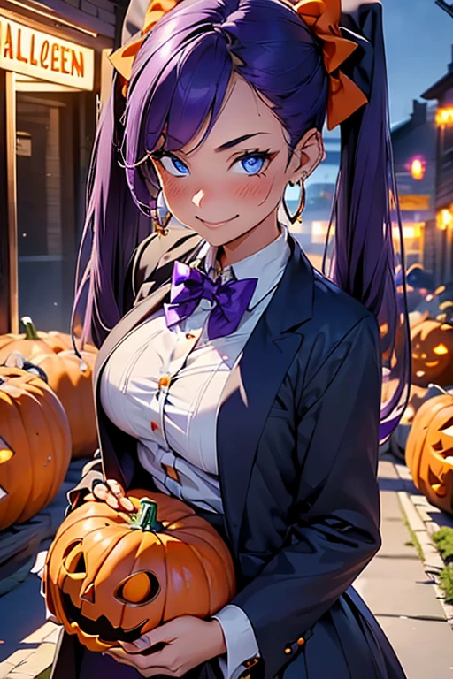 1 girl, Alone,  looking at the viewer , smile, blue eyes, ((jewelry)), ((purple hair)) Hair bow,  High resolution,  masterpiece ,  anatomically correct, HD model,  tall details ,  long hair ,  Hoop Earrings, blush,  animated, ((halloween)), ghosts, ((pumpkins)), Low twin tails, ((witch costume))