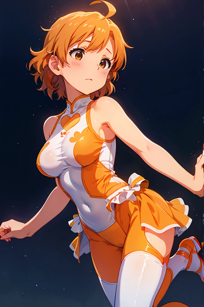 (((a leg up high:1.3))),cheerleader,(((orange_skirt))),cowboy_shot,white_thong,(((underboob))),nipple,white_thigh_highs,eyes in highlight,(tareme:1.5),(Round_eyes:1.2),narrow waist,small hip,big breast, masterpiece, best quality,ultra-detailed,highres,extremely detailed CG,super fine illustration,anime,details,detailed beautiful skin,shy smile,open_mouth