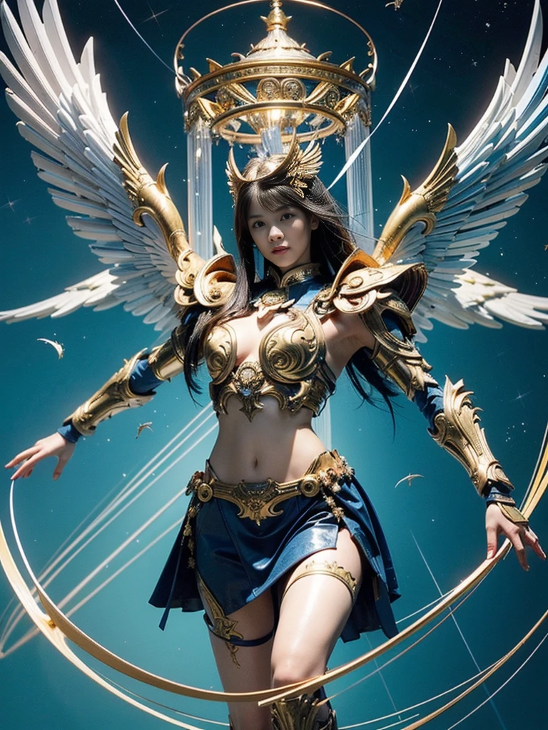 (masterpiece, highest quality, Realistic photos), ((Angel floating in the air;1.4)), A very cute Japanese woman, A complex copper and brass mechanical armor with a Hawk and eagle motif., Beautiful big angel wings, (The wings are symmetrically paired;1.5), ((Carrying an aura of bright blue flame)), White tone, A little bit of blue and red and yellow accents, Angel falling from the sky, floating in the sky, Extremely intricate details, Posing on the medieval castle walls at sunset, Long Shot, narrow body, hourglass body, medium breasts, thin waist, flat belly, Thin and beautiful thighs, beautiful legs,
