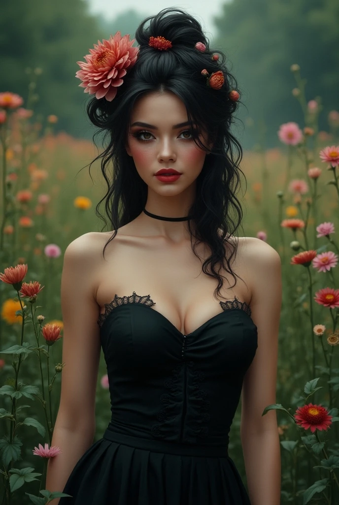 nice goth style woman 30 years old, hot passionate feminine body, foggy morning in nice garden, photo taken witn portra film --auto --s2