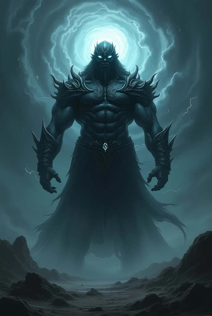 magical monstrous titan wearing magical shadow armor in a dark dungeon cave