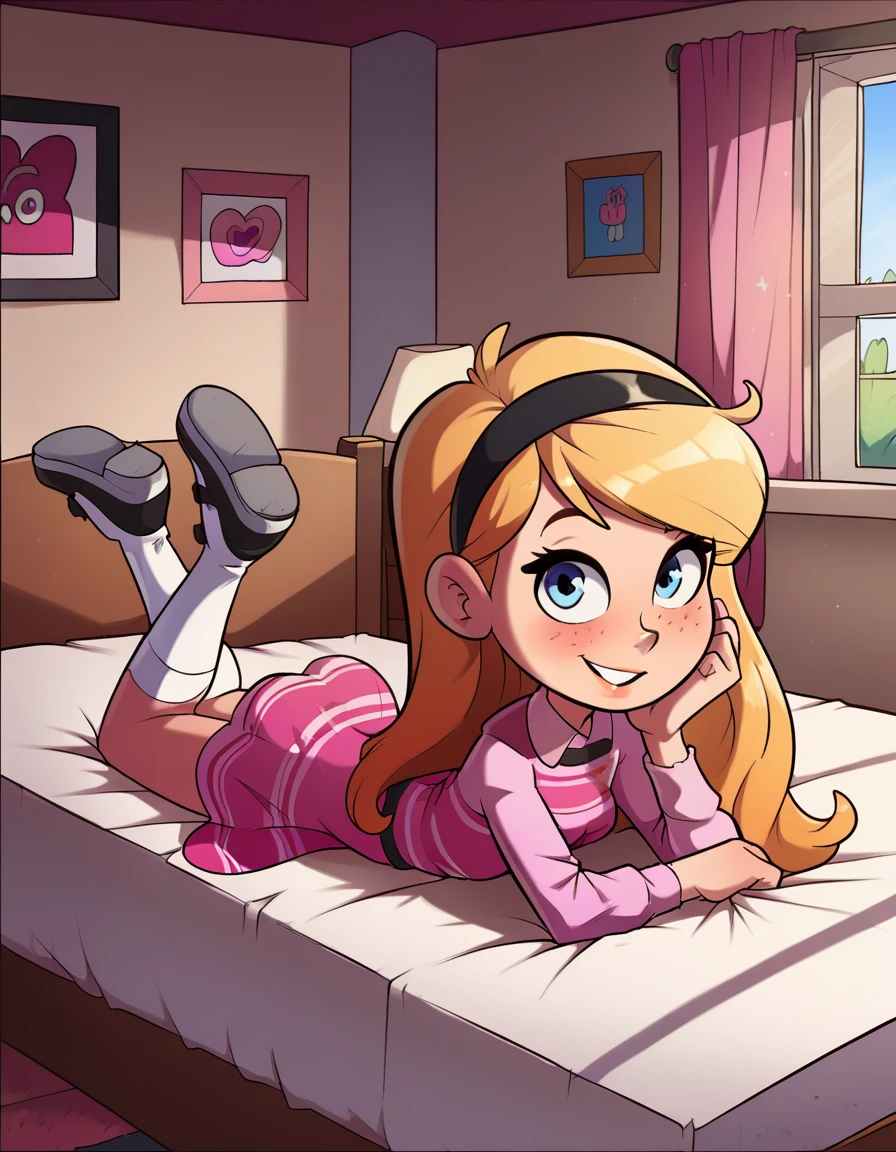 1girl, full body, solo, penny peterson, long hair, blue eyes, freckles, blonde hair, skirt, hairband, black hairband, white socks, dress, pink dress, long sleeves, mary janes, black mary janes, looking at viewer, light blush, smile, perky, cute smile, indoors, bed, bedroom, straight-on, lying, on stomach, showing her butt