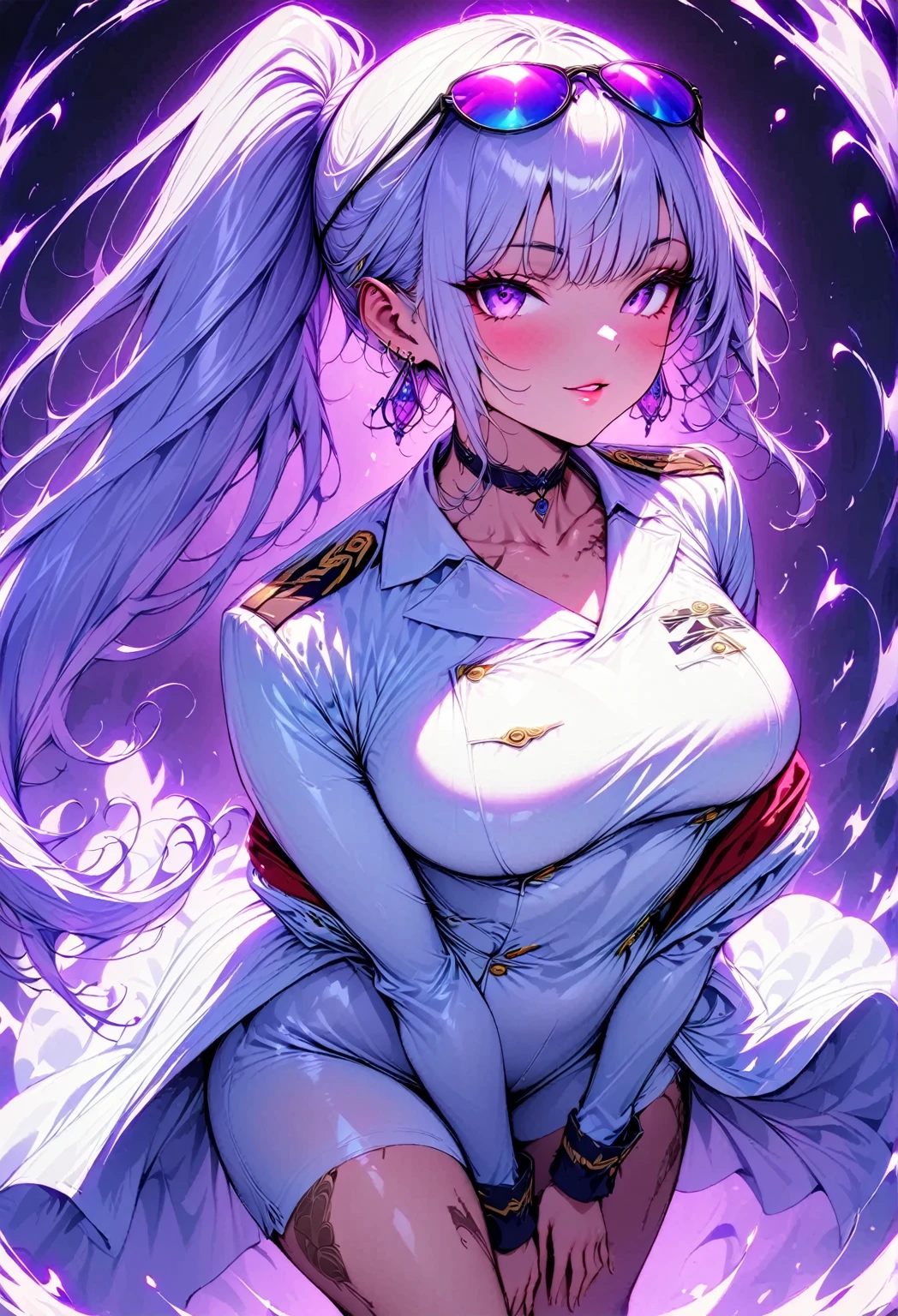  young beautiful woman,(Best Quality,Very detailed depiction, Incredible High Resolution , Anatomically Accurate Depiction ,High quality anime drawings),(Female admiral),(Woman in blue and white navy uniform , has sunglasses on her head, earrings, choker,shirt,pants,boots,),(Silver Hair, ponytail,Purple Eyes,Glossy lips,A seductive smile:1.2, Pottery Skin ,Beautiful legs,Model pose,Standing posture:1.3,),(Full body image:1.3),Purple light:1.3,Side view:1.3