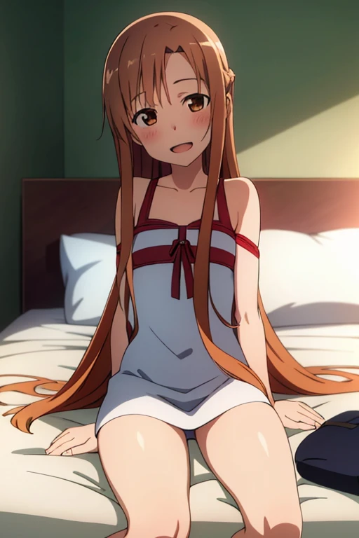 ((Best Quality)), ((masterpiece)), (be familiar with),  perfect face, indoor, bedroom,  watching viewers,
One woman, Yuuki Asuna,
Open Mouth, Ecstatic expression, blush, smile,
Small breasts,  flat chest, , , child, Girl,
Long Hair,  long hair,
Leg spread,