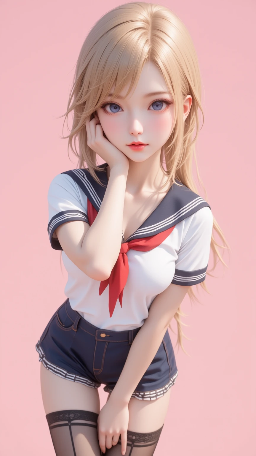 1 very young japanese girl, blonde hair, blushing, Shy, Red lips, mouth open, winking, cute overload, pale face, close up shot, Sweet, small breasts, ((best quality)), ((masterpiece)), (detailed), big expressive blue eyes, Slender、solid pink background, cute pose,  sailor suit, cleavage, slender legs, thigh highs, skinny, tight round butt, 