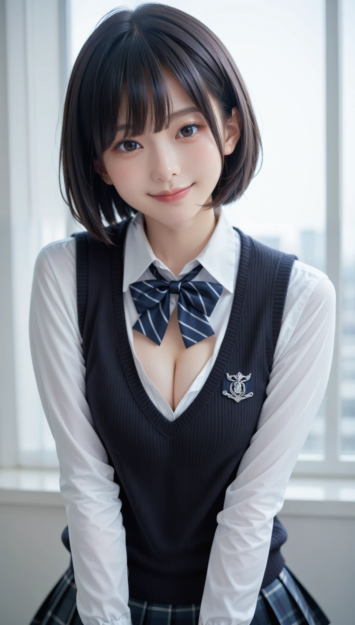 score_9,score_8_up,score_7_up,best,quality,ultra detailed,absolutely resolution,1 girl,Black hair,bob cut,School uniform,long sleeve,sweater vest,cleavage,Smile,from front,looking at viewer