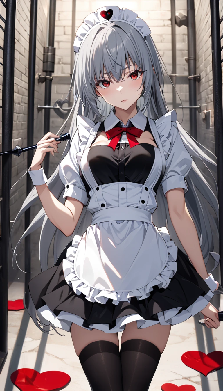  mouthpiece,  Masterpieces, precise,  Best Quality ,  High Detail, โมเดล mouthpiece, background, Prison cell,  from the TenSura Series - Tensei Shitara Slime Datta Ken, Luminous Valentine, Long hair, Gray hair, (  blue eyes :1.2), Red eyes(Red eyes:1.2), Black pupil,  Medium Breasts, Wear a maid outfit, Long black stockings