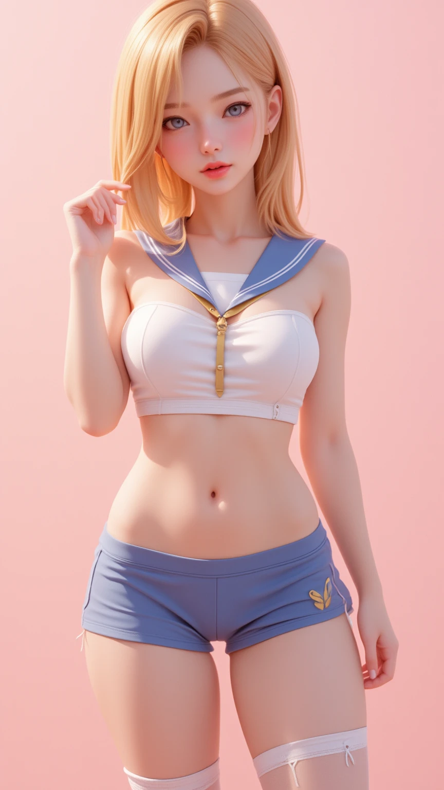 1 very young japanese girl, blonde hair, blushing, Shy, Red lips, mouth open, winking, cute overload, pale face, close up shot, Sweet, small breasts, ((best quality)), ((masterpiece)), (detailed), big expressive blue eyes, Slender、solid pink background, cute pose,  sailor suit, cleavage, slender legs, thigh highs, skinny, tight round butt, 