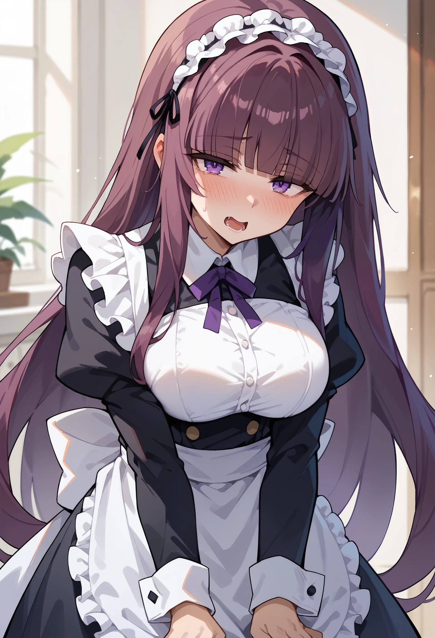 eta, purple hair, blunt bangs,large breast,, long hair,split,blush,uneven eyes,orgasm,((blush)),,naughty face,maid uniform,appron,hairband
