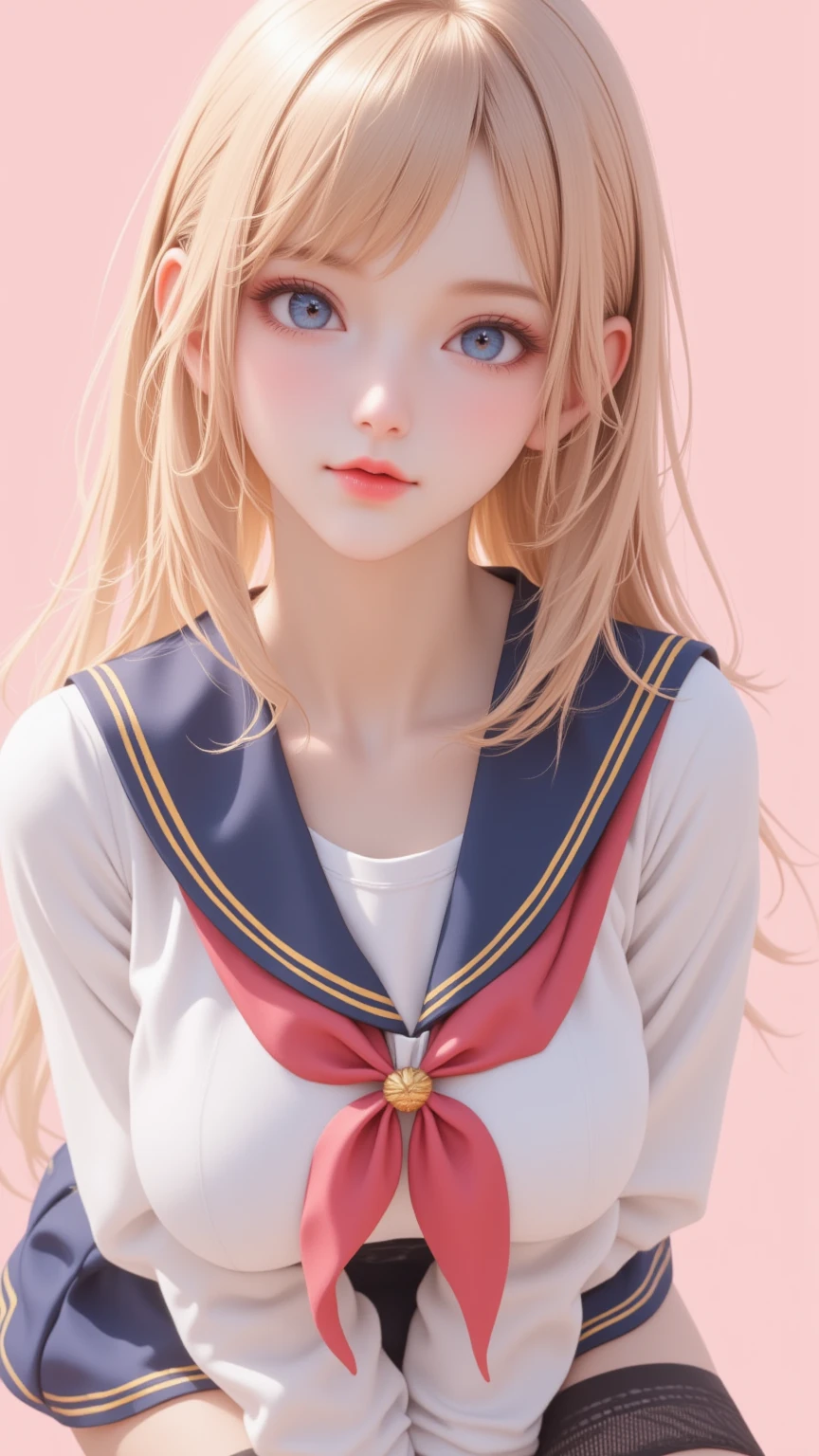 1 very young japanese girl, blonde hair, blushing, Shy, Red lips, mouth open, winking, cute overload, pale face, close up shot, Sweet, small breasts, ((best quality)), ((masterpiece)), (detailed), big expressive blue eyes, Slender、solid pink background, cute pose,  sailor suit, cleavage, slender legs, thigh highs, skinny, tight round butt, 