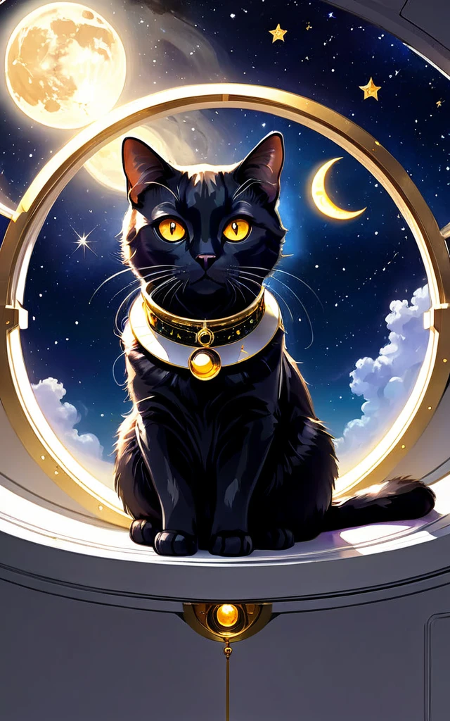 1 noble black cat、 sitting in a spaceship window outside the window 、Beautiful golden eyes、Stars 々 and outer space spreads out、The collar has a crescent moon accessory