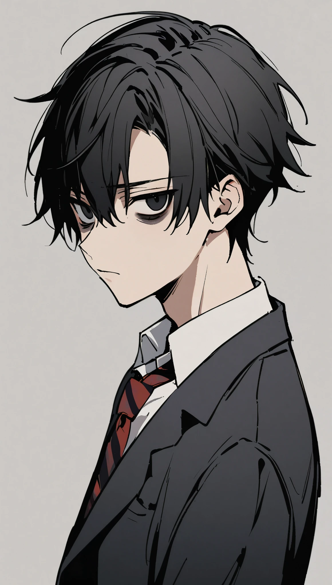 solo, 1 boy, black hair, black eyes, (have bags under eyes:0.8), school uniform, gloomy look, no background, high school student, 18 years old
