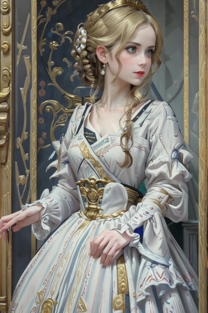 A picture of A adult girl in a gorgeous white dress with blue inserts, light red lipstick, Lumine from Genshin Impact, Marie-Antoinette, 18th century, close up face, high French hairstyle with curled hair from the 1790s, A adult girl with pale skin, golden short hair, yellow eyes, shy smiling on her face, She stands in the royal throne room of Versailles. Works inspired by Friedrich von Amerling, Inspired by Thomas Lawrence, Inspired by Franz Xaver Winterhalter, Nick Alm, oil painting style, realistic woman oil painting, elegant portrait, beautiful portrait of a woman, Inspired by Casey Baugh, elegant digital paintings, Inspired by Howard Chandler Christie, cool beauty, perfect tall model body, best quality, perfect angle, perfect composition, best shot, official art, cinematic light, supreme work of art