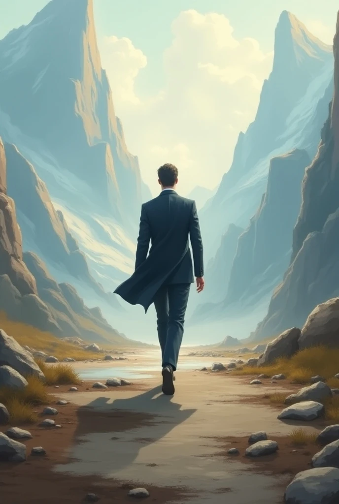 a man in suit, in the dark, standing between the mountains. sketch style with dark and mysterious tone