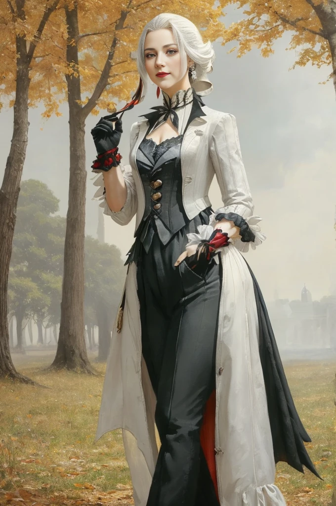 A picture of A woman in a gorgeous grey dress with black inserts, black lace gloves and black pants of the 18th century, black red lipstick, Arlecchino from Genshin Impact, Marie-Antoinette, 18th century, high French hairstyle with curled hair from the 1790s, A tall woman with pale skin. Eyes with a pure black iris and a red pupil in the shape of the letter "x". Asymmetrical long snow-white hair. Occasionally, black strands could be seen in them, combed over the right side of the head. She was wearing little black and white snowflake earrings. shy smiling on her face, She looked away in embarrassment, She stands in the middle of the Place de la Concorde in Paris surrounded by people, with a guillotine in the background behind her, outdoors, outside, autumn, grey clouds, rainy weather, The Great French Revolution. Works inspired by Friedrich von Amerling, Inspired by Thomas Lawrence, Inspired by Franz Xaver Winterhalter, Nick Alm, oil painting style, realistic woman oil painting, elegant portrait, beautiful portrait of a woman, Inspired by Casey Baugh, elegant digital paintings, Inspired by Howard Chandler Christie, cool beauty, perfect tall model body, best quality, perfect angle, perfect composition, best shot, official art, cinematic light, supreme work of art