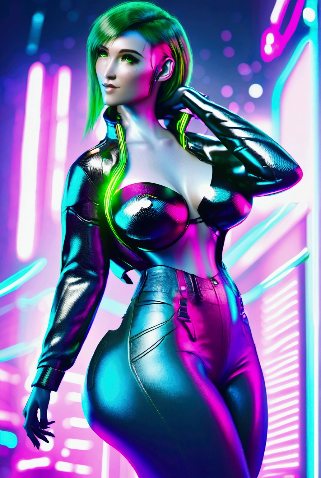 Beautiful tall and mature female, cyberpunk style, cyber wares, cybernetic implants, sexy, alone in neon City, green short hair, green  eyes, wearing a leather jacket, jeans, bra, beautiful kind and sincere smile, hyperdetailed, intricately detailed, masterpiece, 