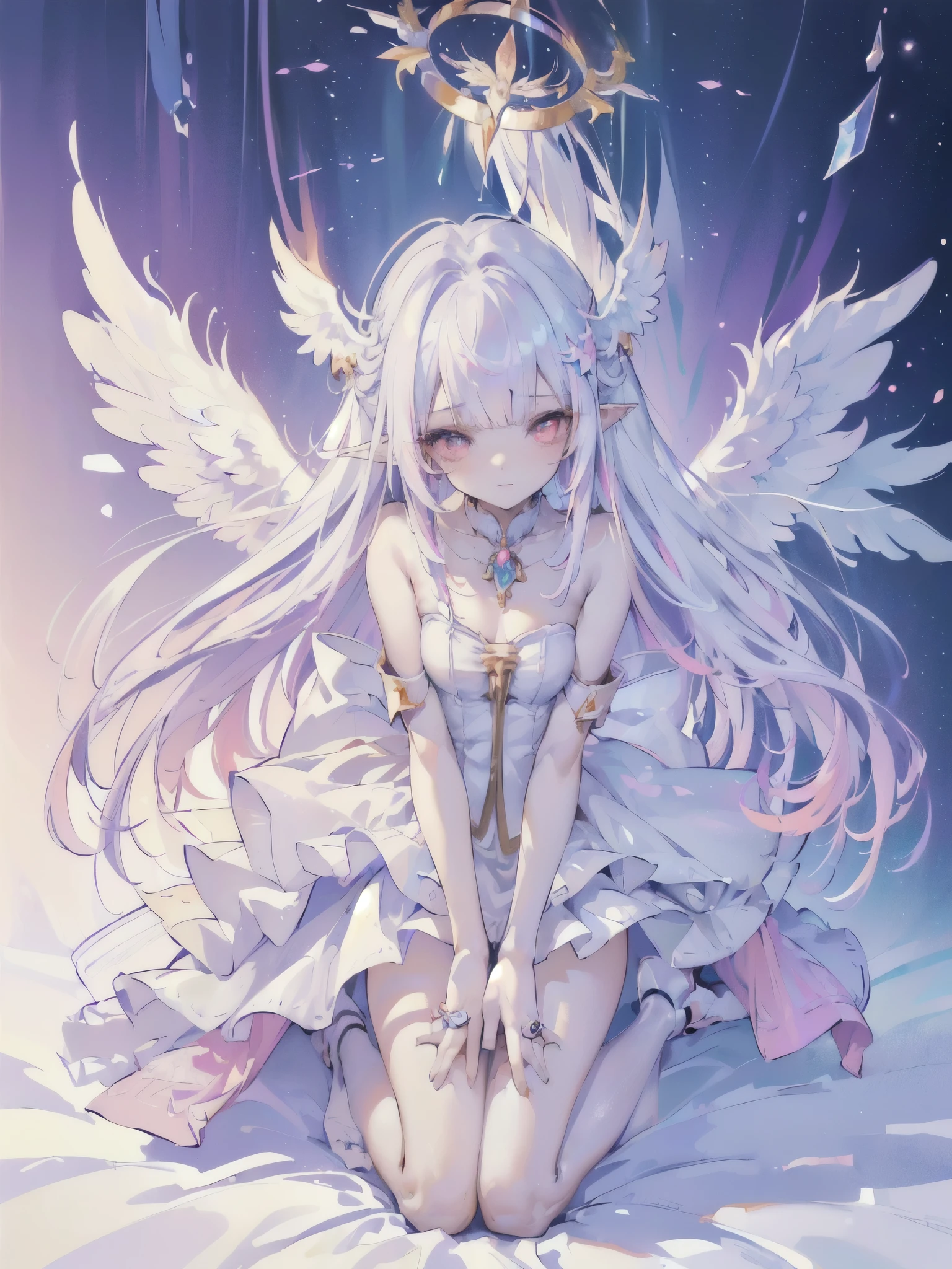 (Masterpiece: 1.4), (Best Quality: 1.4), (Very Cute Angel Girl, Super Detailed Face, Jewel-like Eyes, White Very Long Hair, Colorful Gradient Hair: 1.4), (Angel Ring: 1.4), (Angel Wings: 1.4), (Full Body, Perfect Two Arms, Perfect Two Legs: 1.4), Light, Shine