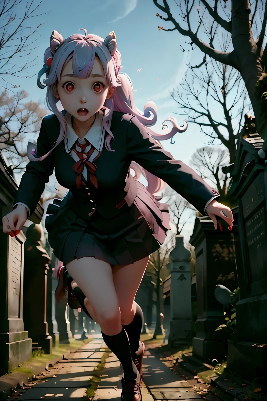 Beautiful kawaii young woman (schoolgirl), (British Style Japanese School uniform), creepy red eyes, running through a creepy cemetery with her pet. (A trained attack unicorn.)