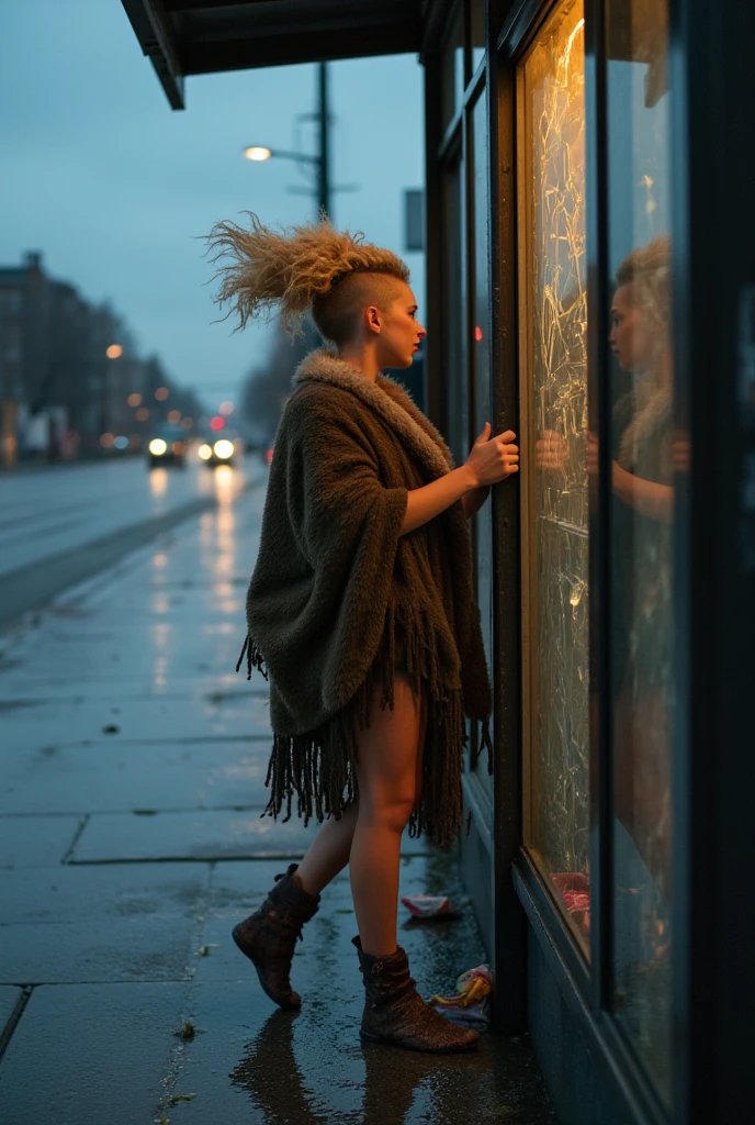 Flash photography captures a thin nordic cavewoman with curly blonde pixie cut hair shaved on one side  grips the metal frame of a bent bus stop sign, her hair whipping wildly in the fierce wind. Torn strips of fur cover her otherwise bare feet. A blinding camera flash startles her, freezing her expression in shock as the rain pelts her face and the soaked ragged shawl of her clothing.

Captured from a low-angle shot, the flash highlights the frantic movement around her—raindrops mid-air, plastic wrappers swirling across the sidewalk, and a streetlamp flickering in the distance. Her reflection flickers in a shattered bus shelter window, disjointed by cracks in the glass. The wind howls through the empty streets, giving the scene a surreal sense of abandonment, as though the city were frozen in time.