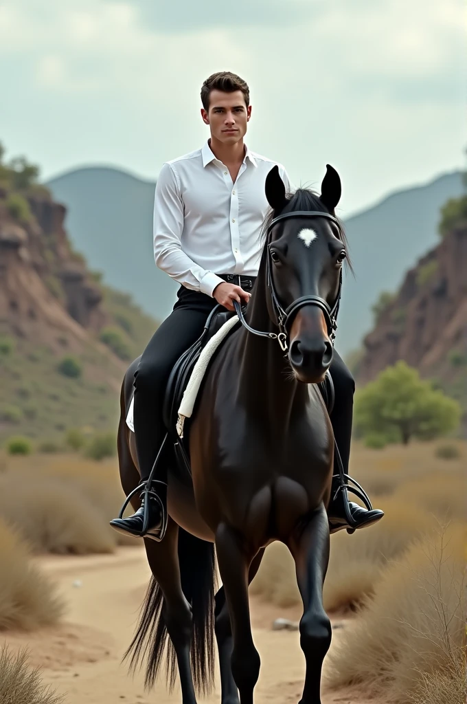 A tall white boy , dressed elegantly riding a black horse the place Sarigua in Panama, may the photo be realistic and taken in the distance