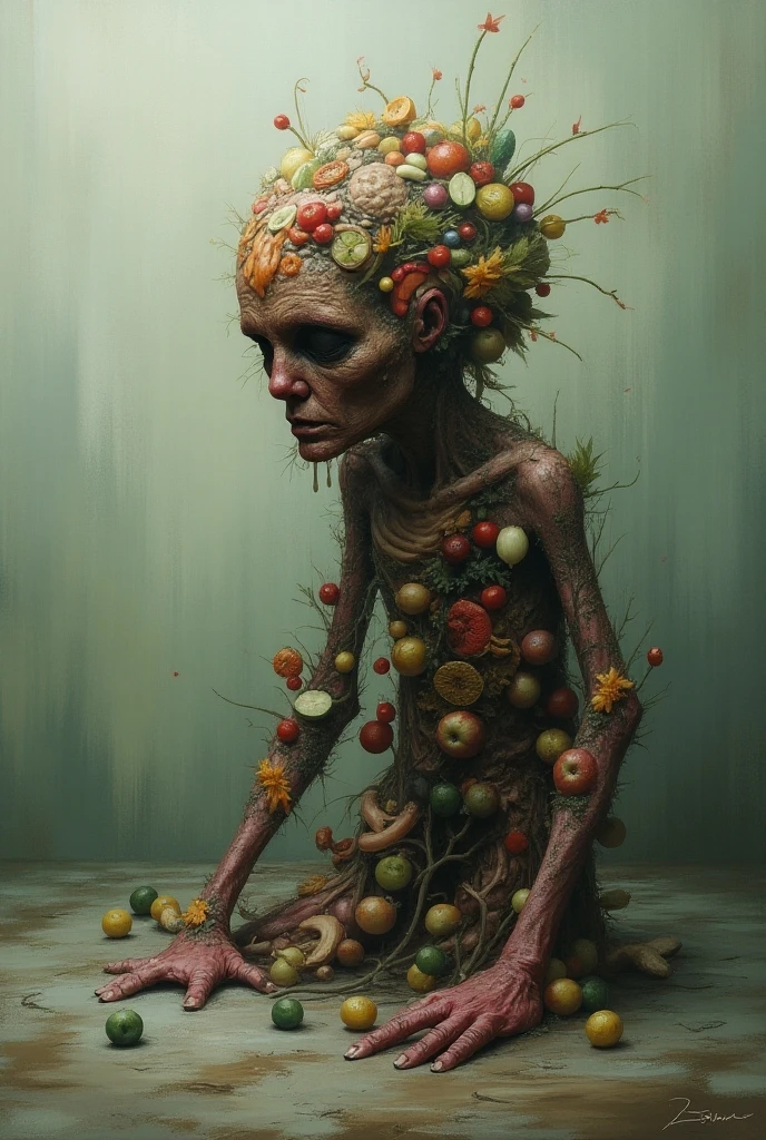 (illustration beautiful by apterus:1.2), a severed head with a beautiful girl on a plate, lush gray hair, rotten fruits, bblack flowers in the ancient temple, (apterus creepy anatomy:1.1).