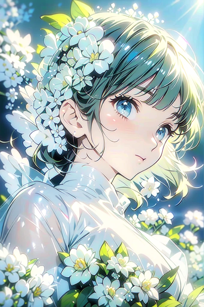 there is a close up of a bunch of White flower, Hydrangea, deity of Hydrangeas, Giant Flower, Very high flowering yield, White flower, Pale green backlight light, large opaque blossoms, Flowers Bloom, Beautiful large flowers, Soft sundate, Light of the sun, full bloom, Flower of Light, Painted in pale yellow and green, White flower