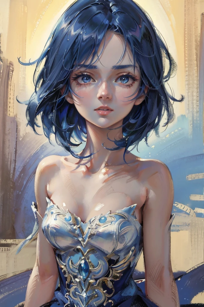 tomonorikogawa, 1 girl, camisole, beautiful detailed eyes, beautiful detailed lips, extremely detailed face, long eyelashes, Gazing Upward, medium blue hair, shoot from below, upper body, elegant pose, photorealistic, oil painting, advertisement, highly detailed, intricate, dynamic composition, vibrant colors, cinematic lighting, soft focus, hyper-realistic, clean lines, velvety, lush, masterpiece, 8K