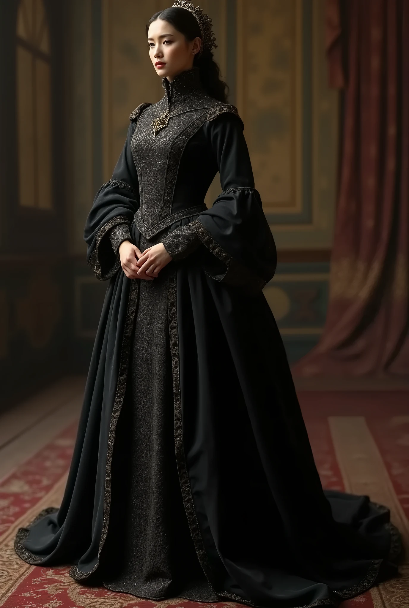 masterpiece, Highly detailed, super realistic, detailed background, bright Lighting, Daylight, beautiful face, beautiful eyes,
 medieval style, 4k, 8k, 1girl, solo, 
(Victorian maid),
(full body:1.5),(dynamic angle),(standing),
(dynamic pose),(happy),
(looking away:1.5),
(smile),
