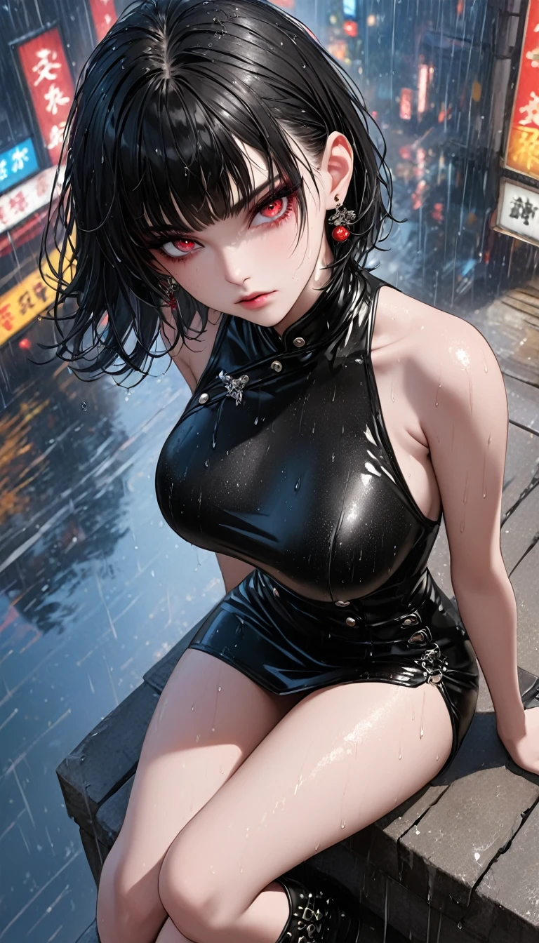 (masterpiece),best quality,(high resolution),8k,1woman,full body,(((perfect face))),looking at viewer,alpenglow,(((realistic))),pale skin fighter,black short hair,black eyes,seductive smile,large breasts,large ass,small nipples,black long dress,clothed,wet sweat,reclining