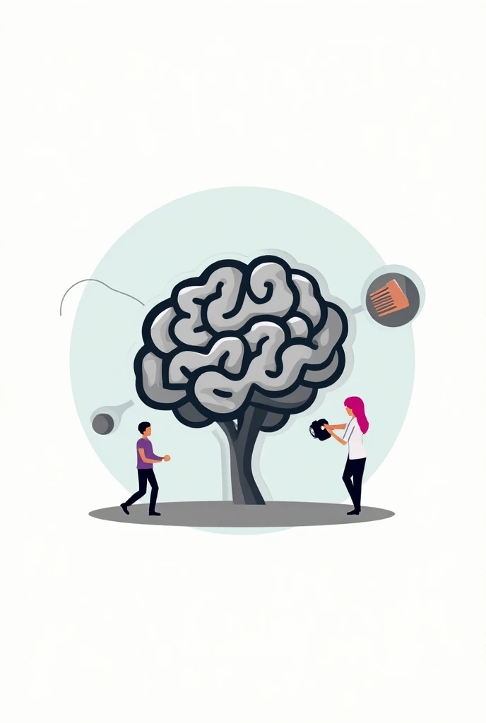 Cartoon of two adult men a friend leading his friend to a blackboard where two brains are drawn. One is normal, and the other has missing pieces