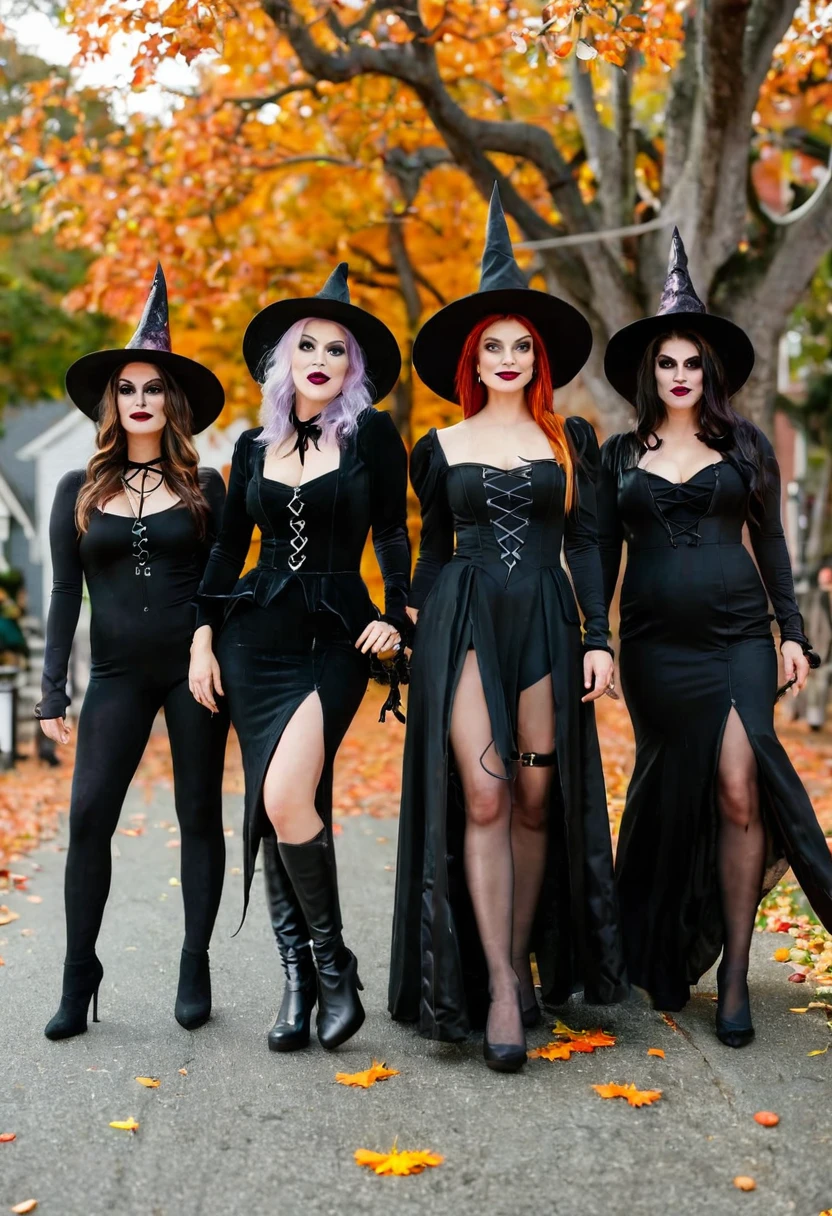 Full body shot of a group of modern day lightly clad witches in Salem Massachusetts partaking in various activities they have to offer at Halloween