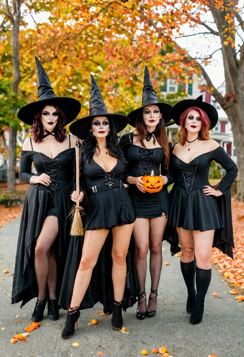 Full body shot of a group of modern day lightly clad witches in Salem Massachusetts partaking in various activities they have to offer at Halloween