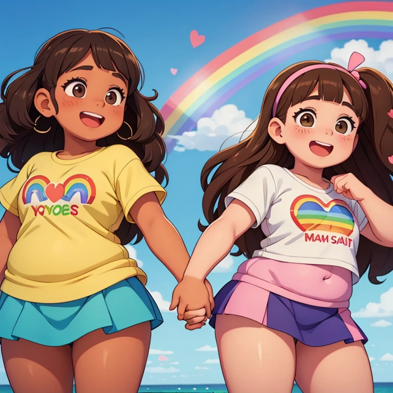 Two charming very cute chubby brown-eyed girls in T-shirts with a rainbow heart and the inscription "I LOVE YOU", standing next to each other holding hands against the backdrop of a bright rainbow, happy faces