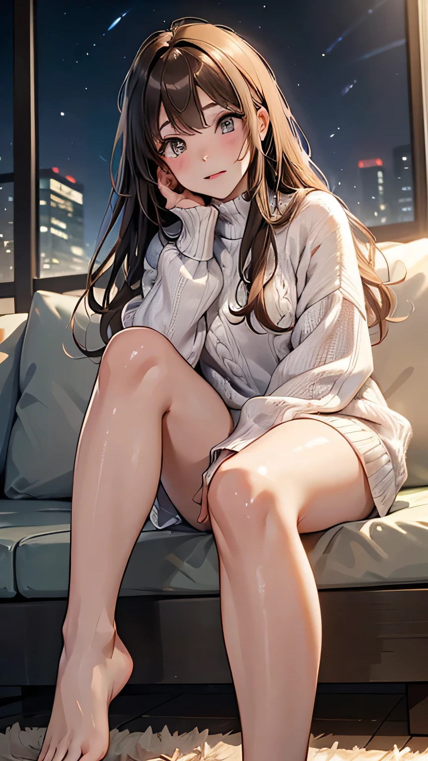 ultra-detailed、(8k, RAW photo, best quality, masterpiece:1.2), (extremely detailed 8k wallpaper),professional lighting,sharp focus, depth of field,(manaka komaki),((high school girl)),((Living room at night)),(((A fukabuka oversized sweater、barefoot))),((foot focused、 shot from below 、Looking down at the viewer)),(Mole on mouth),(((parted bang,middle hair,Brown Hair)))、(((beautiful eyes、half closed eye))),((((painful、blush、Squint your eyes、orgasm、sexy))))、(( sit on a chair、Beautiful legs、Crossing your legs、Put one foot out、Exact toe 、Soles of the feet、footjob)),(((Tilt your face、Invite)))、(((Heavy sweating)))、((Dynamic Range))、((Soles of the feetが濡れている))