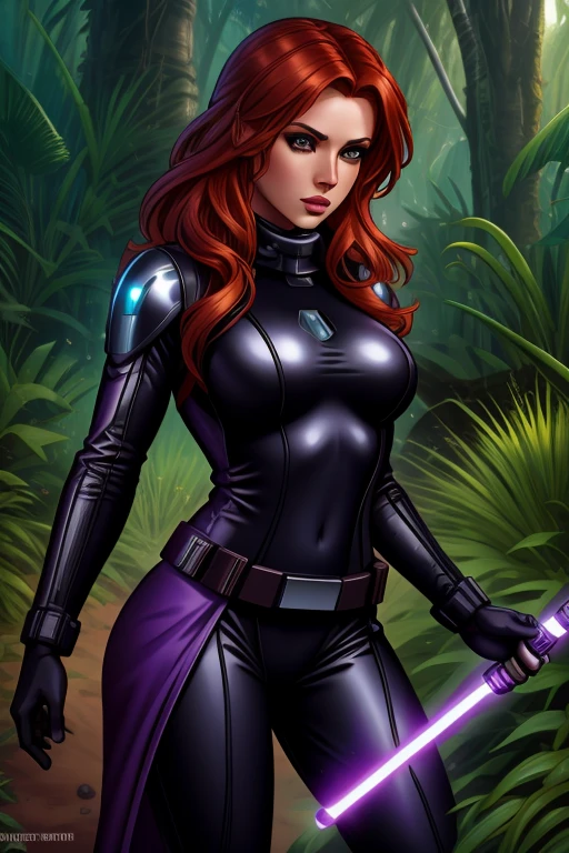 Star Wars based environment, Mara Jade, is depicted wearing her sleek, tight black leather suit. As she holds her purple lightsaber with a tight grip, her intense, piercing eyes convey a mix of determination and alertness. Background: Outdoors, jungle planet landscape, wooden structure in the surroundings
