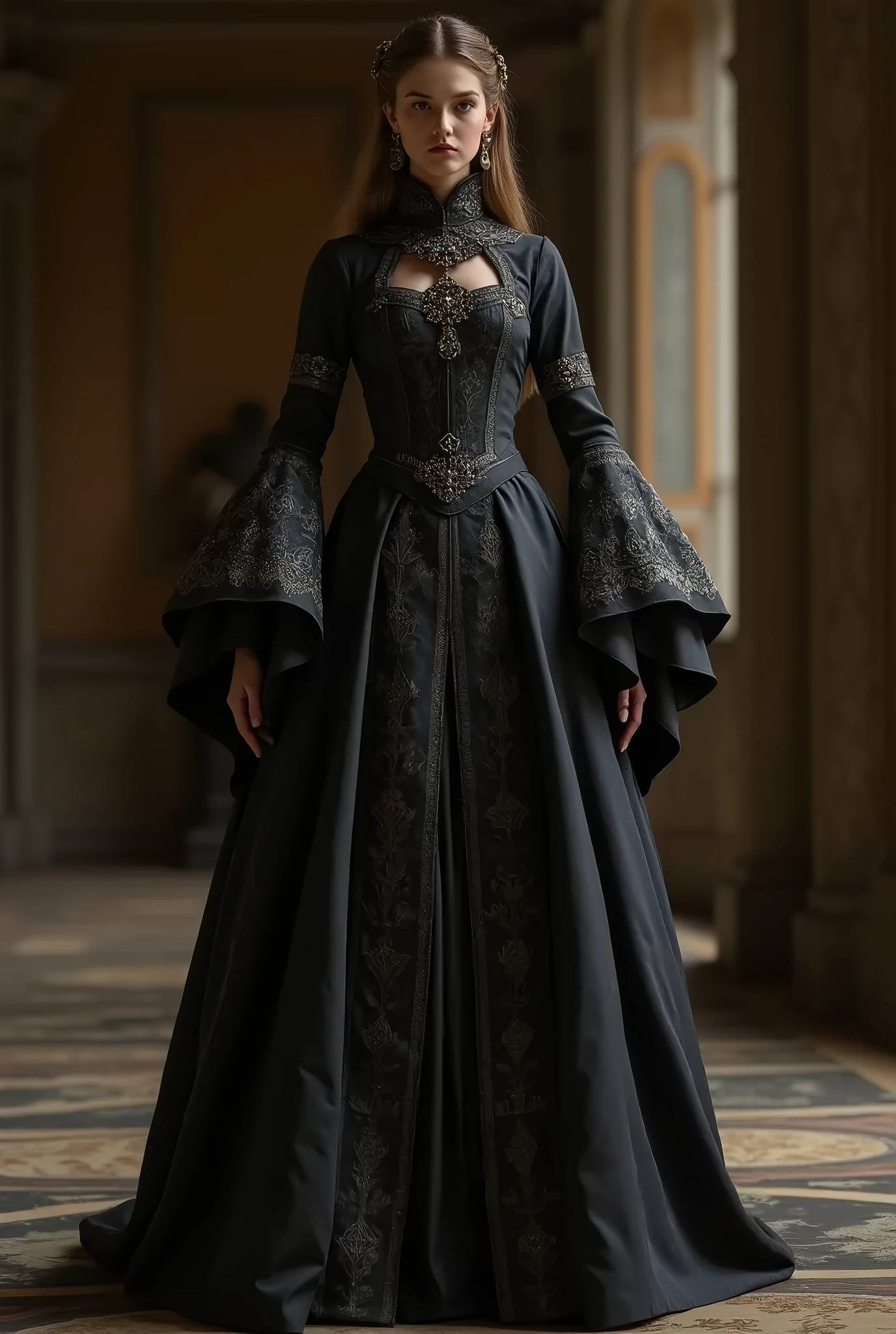 Hyperrealistic and ultra-detailed photography of a beautiful Anna Boleyn ((((25-years old)))), ((((Lujoso vestido lencero de corte renacentista negro, joyas )))), tez clara, pale-skin, tetas medianas perfectas, escote, cuerpo perfecto, mirada seductora, cabello en elaborados peinados, siguiendo la moda de la corte renacentista, ojos negros verdosos, esbelta y cautivadora, pose provocativa, 1,70 m de altura, captured with a Sony Alpha a9 II camera and a Sony FE 200-600mm f telephoto lens/5. 6-6.teleobjetivo 3G. Perfectly sharp focus, colores vibrantes, cinematic atmosphere. Aspect ratio 3:2, Size 750px", fondo del Palacio de Buckingham.