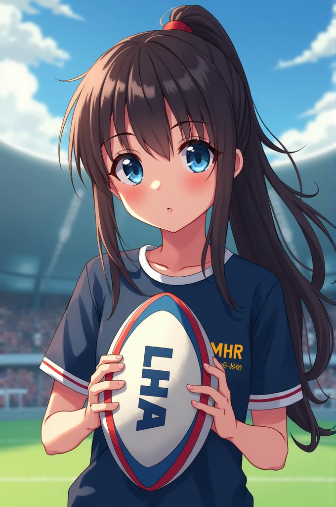masterpiece, 1girl , tohru, playing soccer, ball, stadium, breasts