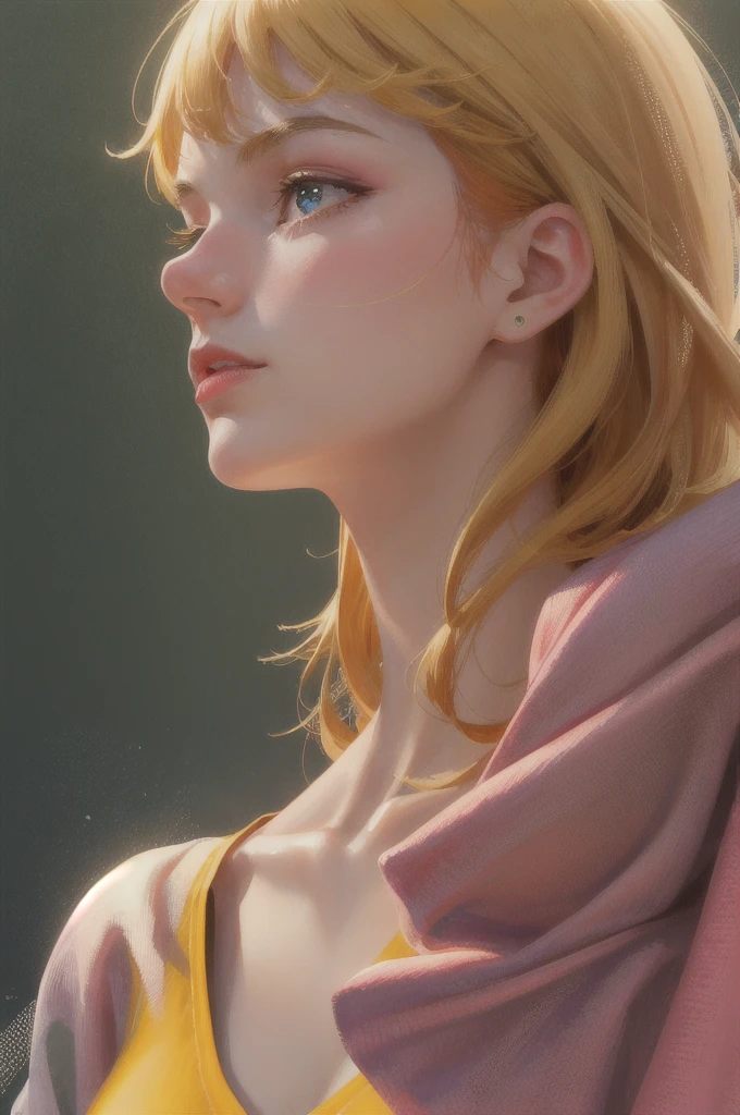 (masterpiece, best quality), tomonorikogawa, 1girl, beautiful detailed eyes, beautiful detailed lips, extremely detailed face, long eyelashes, shoot from below, solo, side view, collarbone, breasts, yellow shirt, closed mouth, day, bangs, vibrant colors, cinematic lighting, photorealistic, 8k, hyper detailed