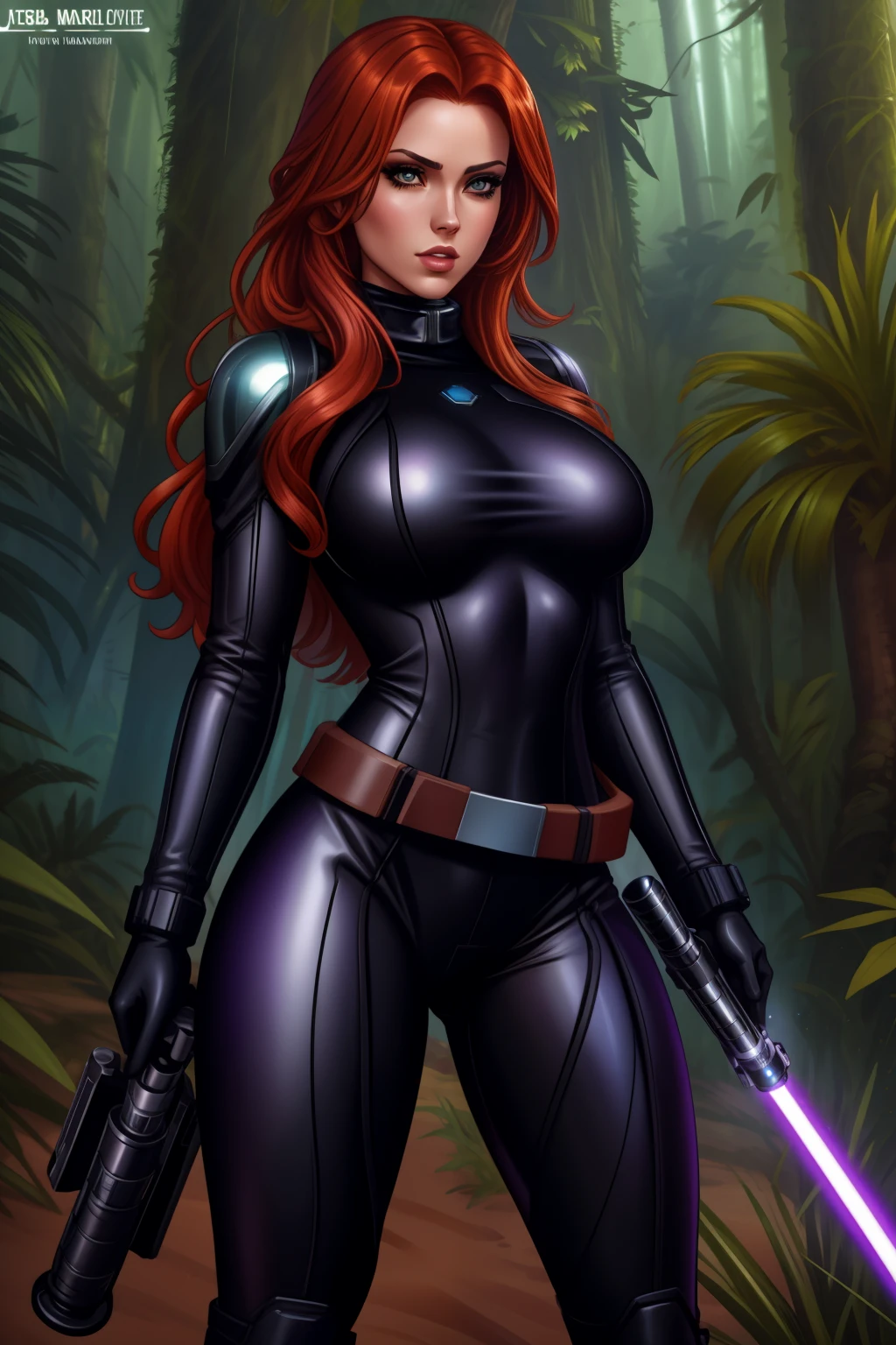 Star Wars based environment, Mara Jade, is depicted wearing her sleek, tight black leather suit. As she holds her purple lightsaber with a tight grip, her intense, piercing eyes convey a mix of determination and alertness. Background: Outdoors, jungle planet landscape, wooden structure in the surroundings
