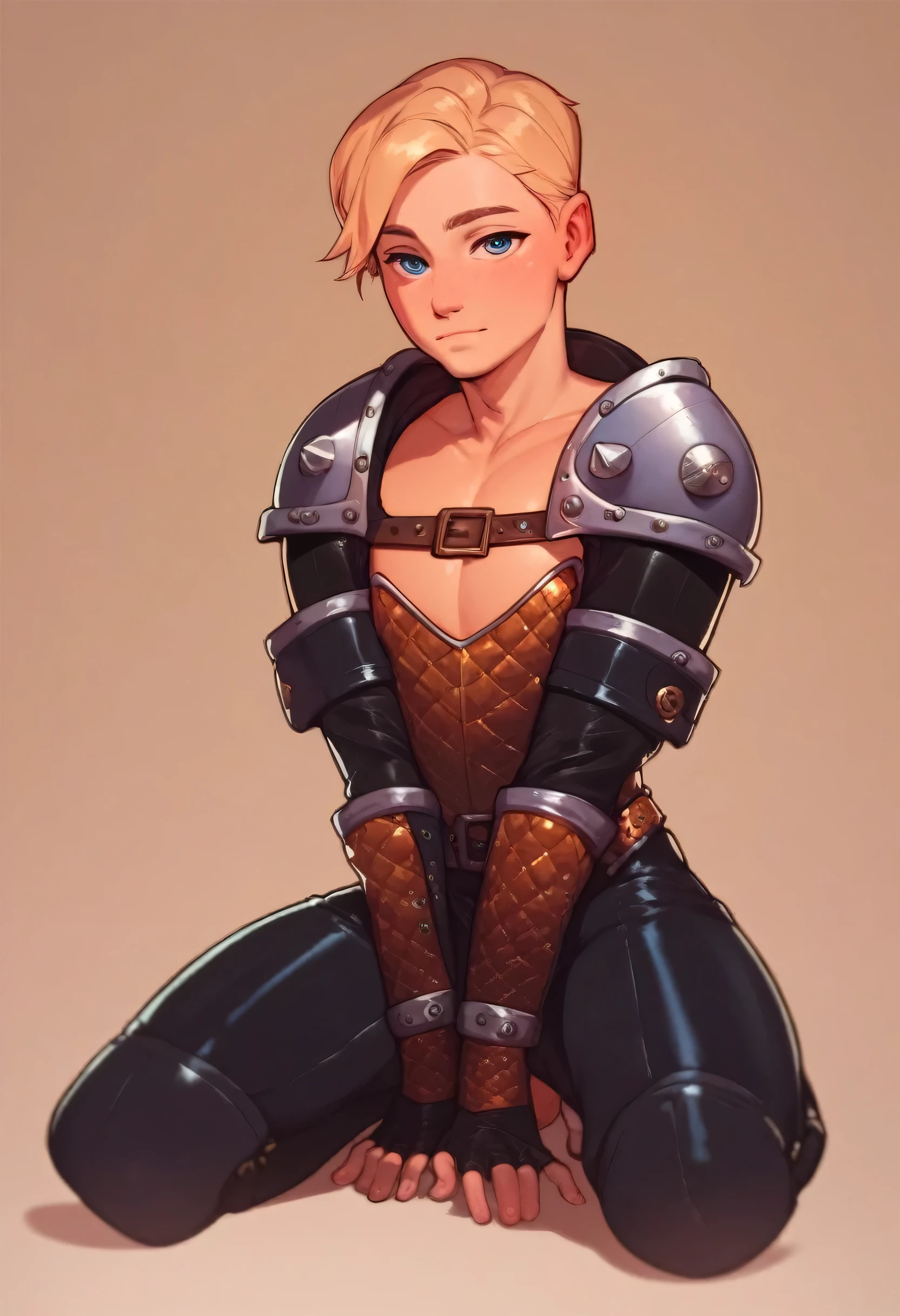 Boy, male, male only, solo, adventurer, blonde hair, leather armor, barechest, confident, (young), (soft face, young male face, round face:1), (cute), femboy, submissive, big pecs, full body image