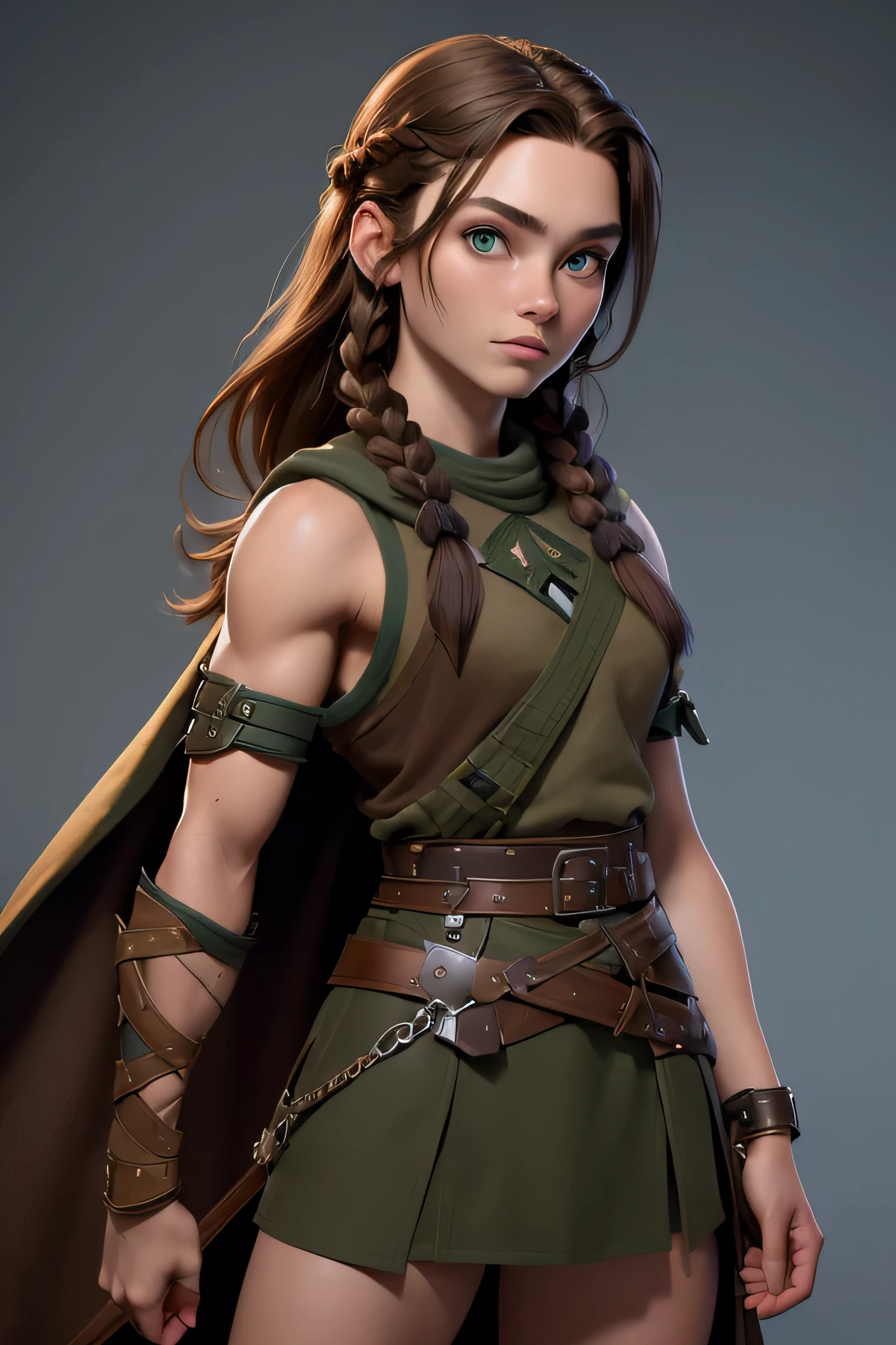 ( masterpiece , The best quality ) (young warrior woman of nordic descent), (combat position) (green eyes), (muscle shirt), (fur skirt), (Brown hair color),(loose hair with small braids on the scalp), (leather strap top) feathers, cape over the shoulder, bufas, (blue, gray and brown suit).