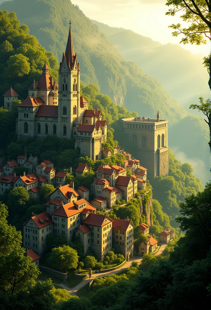 a serene hillside town bathed in golden sunlight. The town is densely packed with small, quaint houses, all with red and brown rooftops, scattered across a steep, green mountainside. The landscape is lush, with greenery and trees surrounding the houses, and sunlight filtering through in bright, ethereal beams. In the foreground, include an old stone church with a tall, pointed tower and detailed roof, and to the right, a larger building resembling an ancient structure, partially covered by trees. The town feels peaceful and warm, with a hint of fantasy. Mist rises from a distant valley, enhancing the calm, mystical atmosphere.