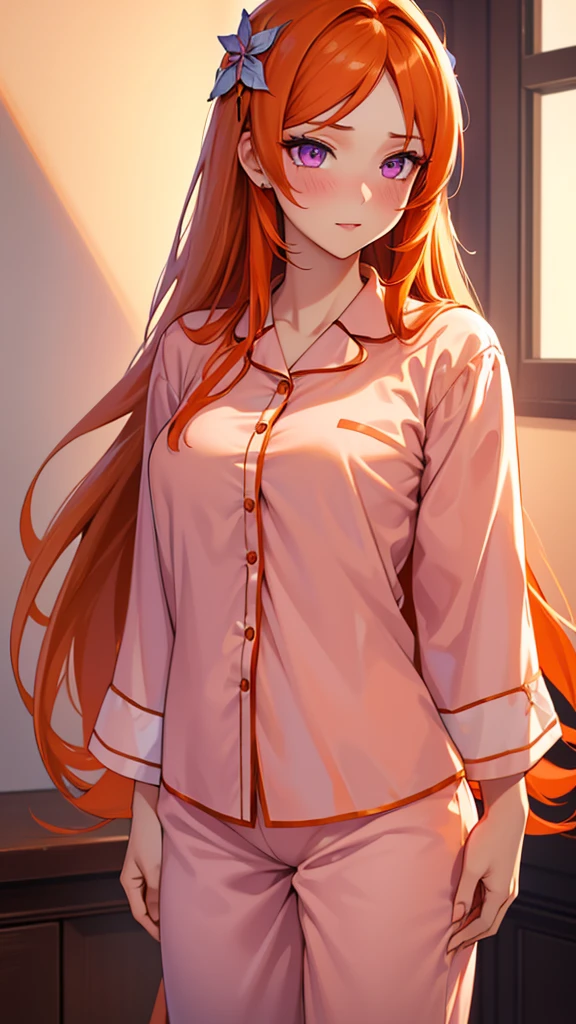 1 girl,  High resolution, (( The best quality ,  tall details , HD model, High quality, UHD)),  long hair , blush,  mouth shut, violet eyes, make-up,  Hair ornament , jewelry,  animated,(( orange hair))
white room, pajamas