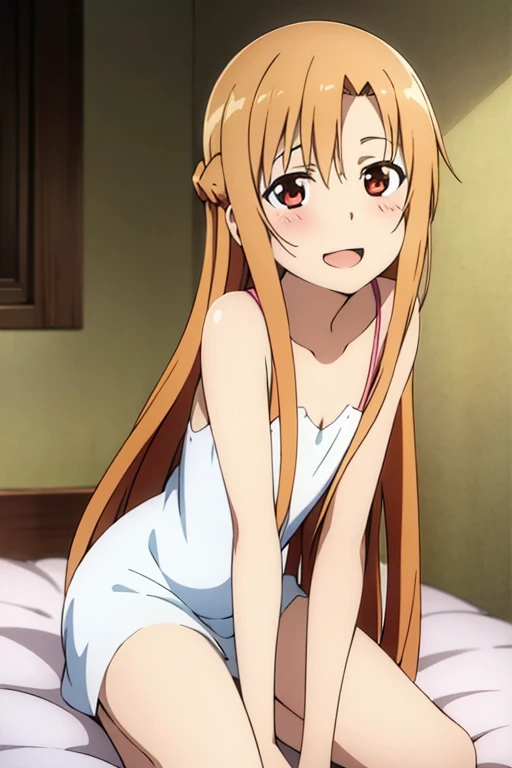 ((Best Quality)), ((masterpiece)), (be familiar with),  perfect face, indoor, bedroom,  watching viewers,
One woman, Yuuki Asuna,
Open Mouth, Ecstatic expression, blush, smile,
Small breasts,  flat chest, , , child, Girl,
Long Hair,  long hair,
Leg spread,