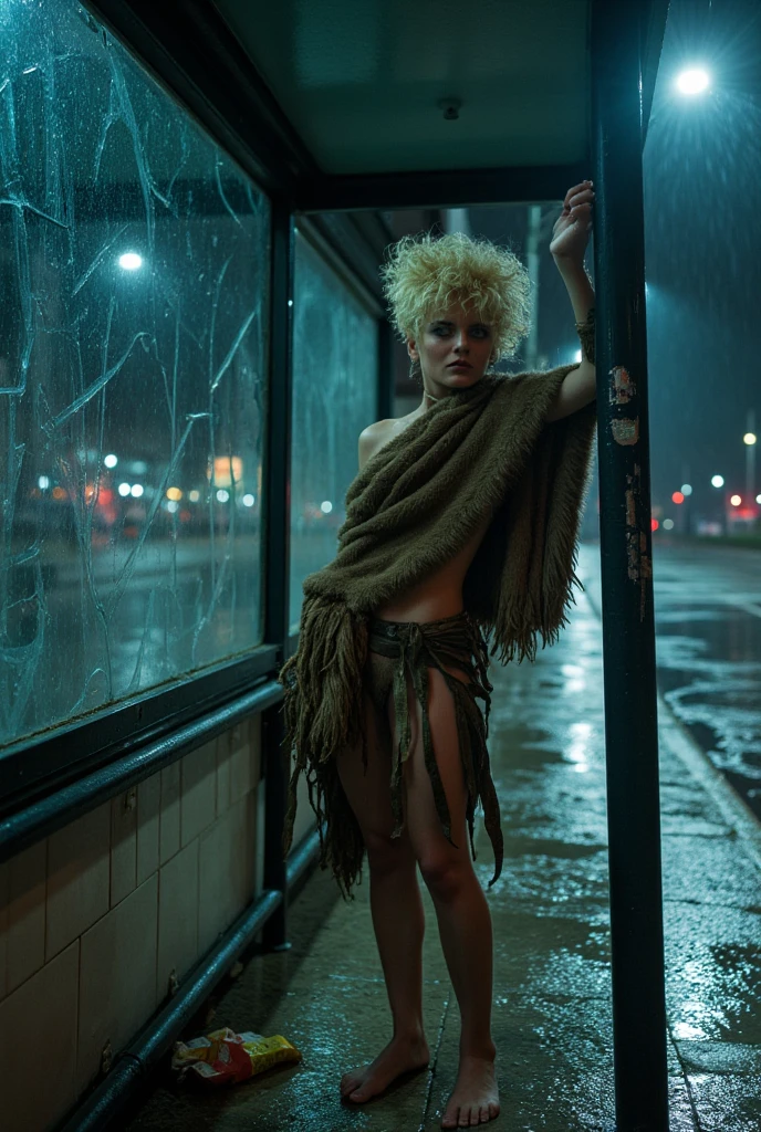 Flash photography captures a thin nordic cavewoman with curly blonde pixie cut hair shaved on one side  grips the square tubular post of a bent bus stop sign, her hair whipping wildly in the fierce wind. Torn strips of fur haphazardly cover her otherwise bare feet. A blinding camera flash startles her, freezing her expression in shock as the rain pelts her face and the soaked shawl of torn rags of clothing she wears.

Medium shot captured from a low-angle shot, the flash highlights the frantic movement around her—raindrops mid-air, plastic wrappers swirling across the sidewalk, and a streetlamp flickering in the distance. Her reflection flickers in a shattered bus shelter window, disjointed by cracks in the glass. The wind howls through the empty streets, giving the scene a surreal sense of abandonment, as though the city were frozen in time.