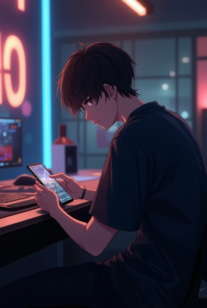 A boy playing game in a luxury gaming room .with vibe .and at his background wall therenis written inspire 
Make the inspire more visible
Make the boy more handsome and his age is 22
He is playing on a phone 
Make his face blurry
This photo is from his background from his backside
Make the boy an anime character 
Make him more handsome 
Make a clear photo 