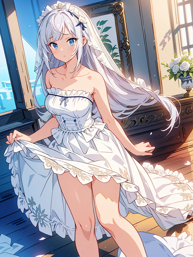 1girl, blonde hair, long hair, (white theme:1.5), (pure white elegant wedding dress:1.3), (sheer white wedding veil on head:1.4), (strapless white courselet with bold plunge:1.4), ((sleeveless, collarbone, upperboobs):1.3), ((full-length hoop skirt, crinoline, fabric of skirt covers entire leg):1.3), (tulle lace on skirt:1.3), (beautiful intricate floral lace embroidery:1.3), (white bridal shoes:1.2)